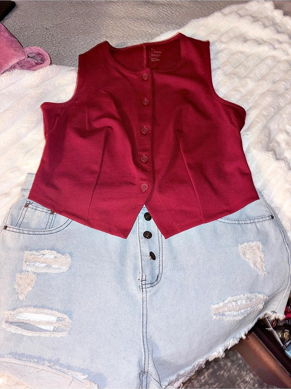 Swagtogo Ready to wear Outfit Red Button Front Vest with embellished custom dist
